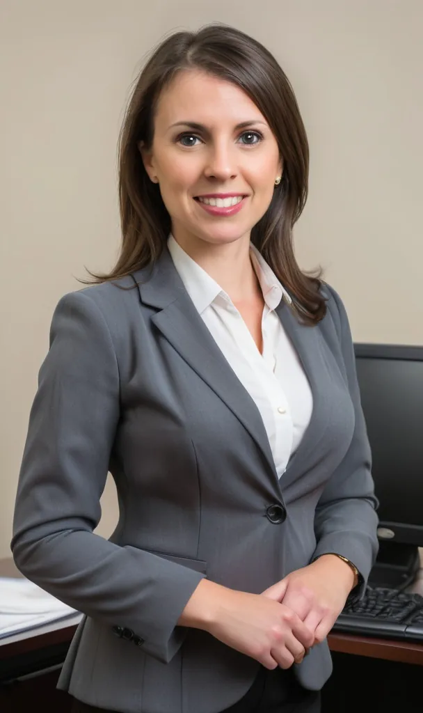 Social media virtual assistant in a grey blazer